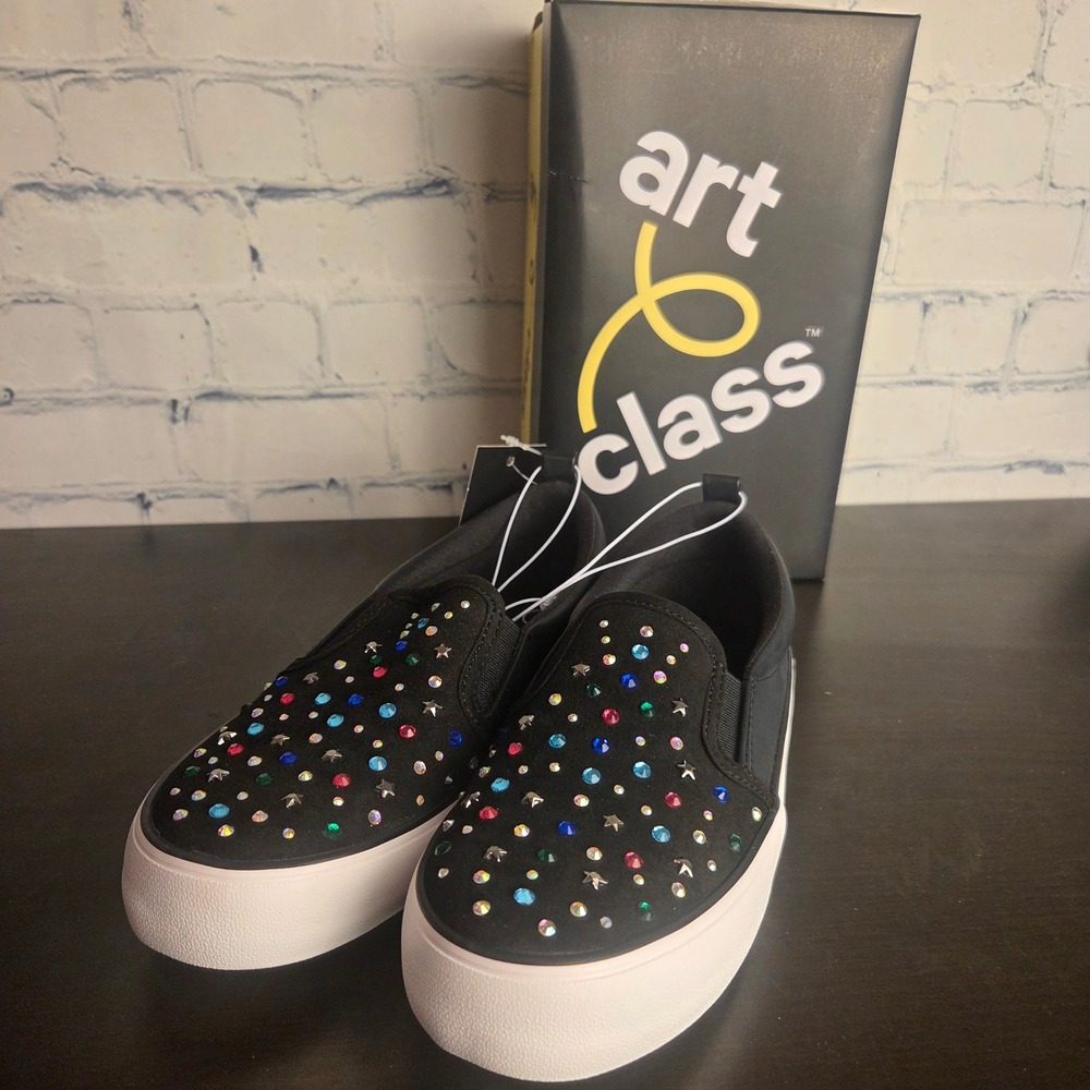 Art Class Hanna Kids Black Slip On Rhinestone Star Stud Platform Sneakers Size 2